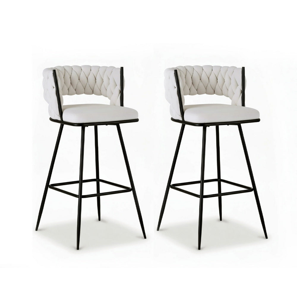 2x Bar Stools Kitchen Dining Chair Counter Stool Woven Velvet Metal Ivory