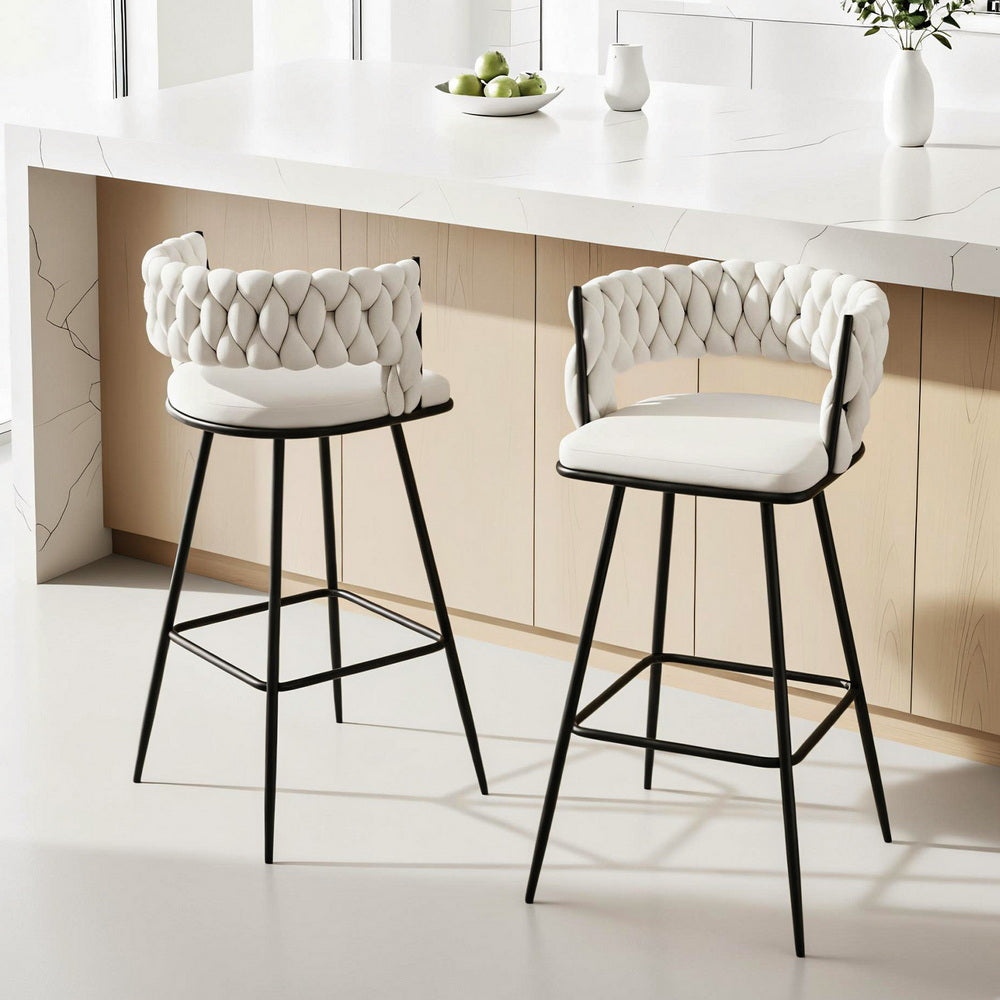 2x Bar Stools Kitchen Dining Chair Counter Stool Woven Velvet Metal Ivory