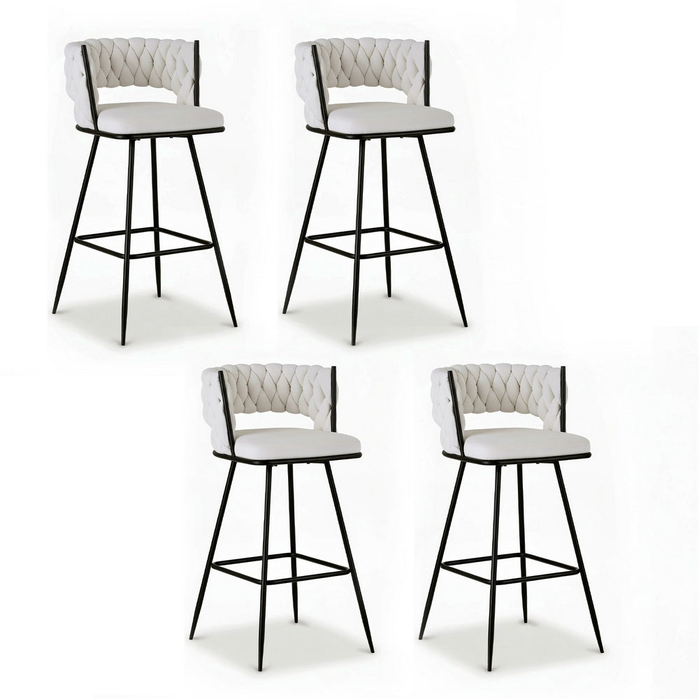 4x Bar Stools Kitchen Dining Chair Counter Stool Woven Velvet Metal Ivory