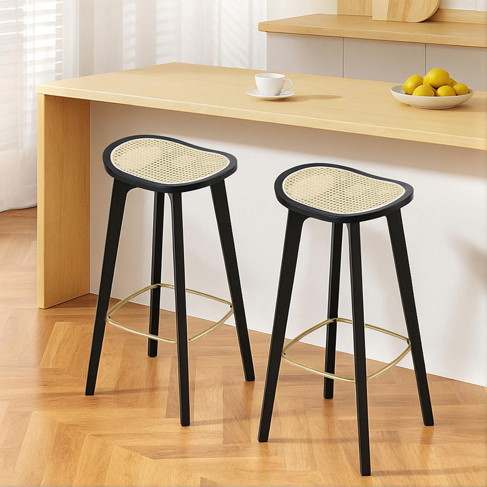 2x Bar Stools Rattan Counter Kitchen Dinning Chair Bamboo Saddle Black