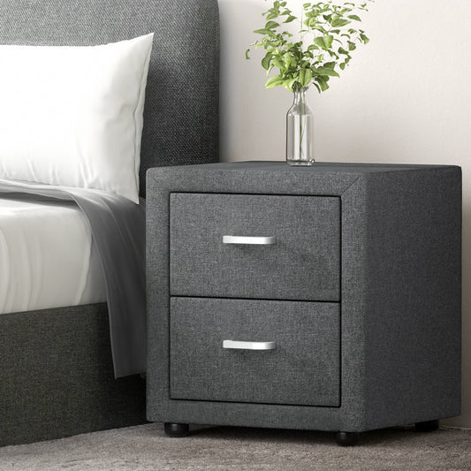 CADEN Grey Bedside Table 2 Drawers Fabric