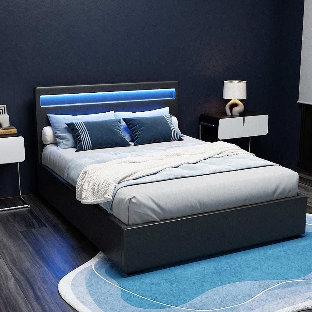 COLE Bed Frame Double Size LED Gas Lift Black
