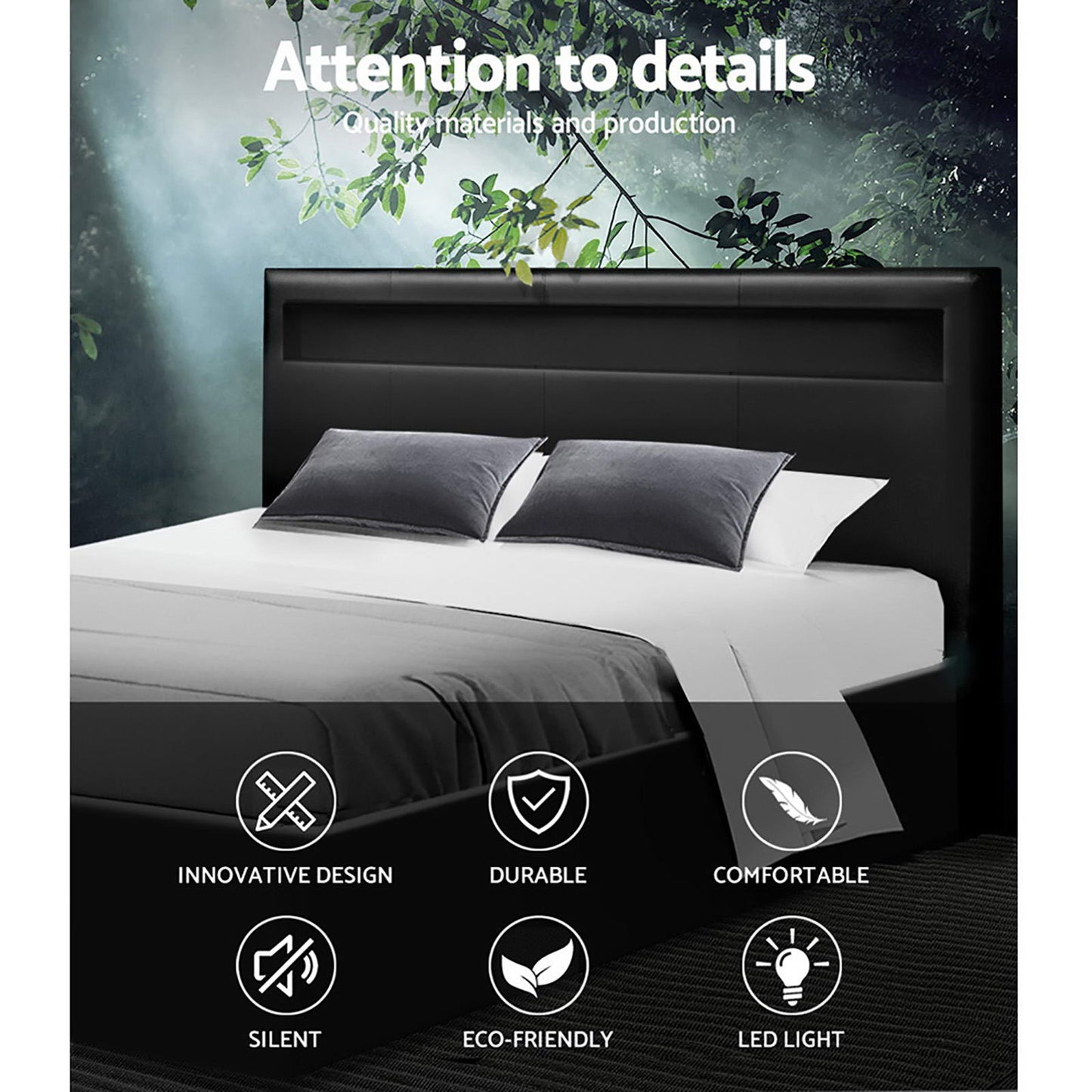 COLE Bed Frame Double Size LED Gas Lift Black