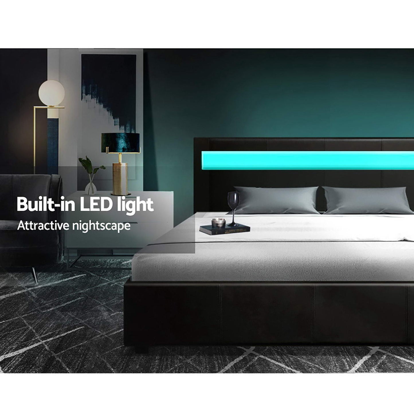 COLE Bed Frame Double Size LED Gas Lift Black