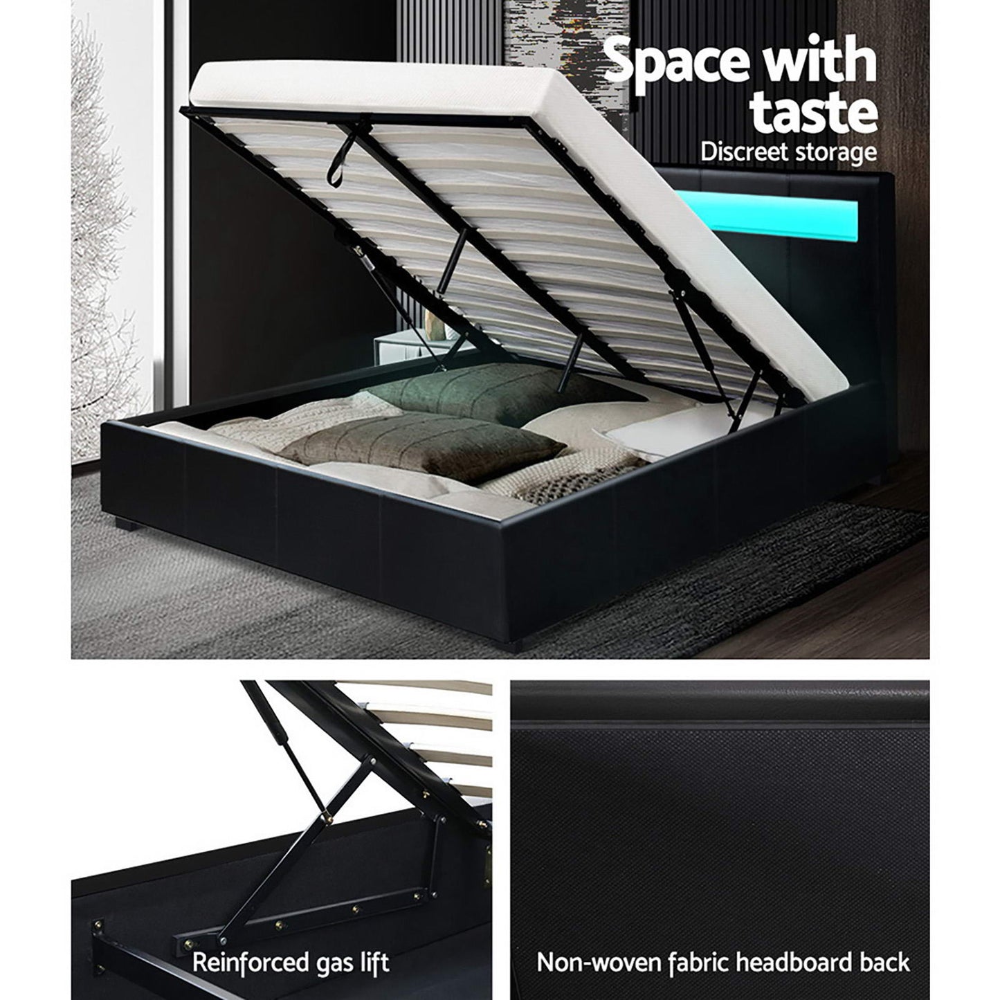 COLE Bed Frame Double Size LED Gas Lift Black
