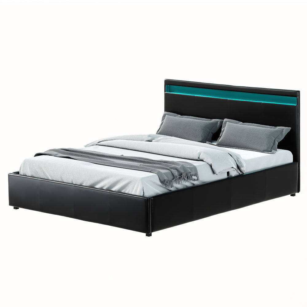 COLE Bed Frame Queen Size LED Gas Lift Black