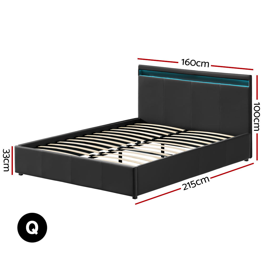 COLE Bed Frame Queen Size LED Gas Lift Black