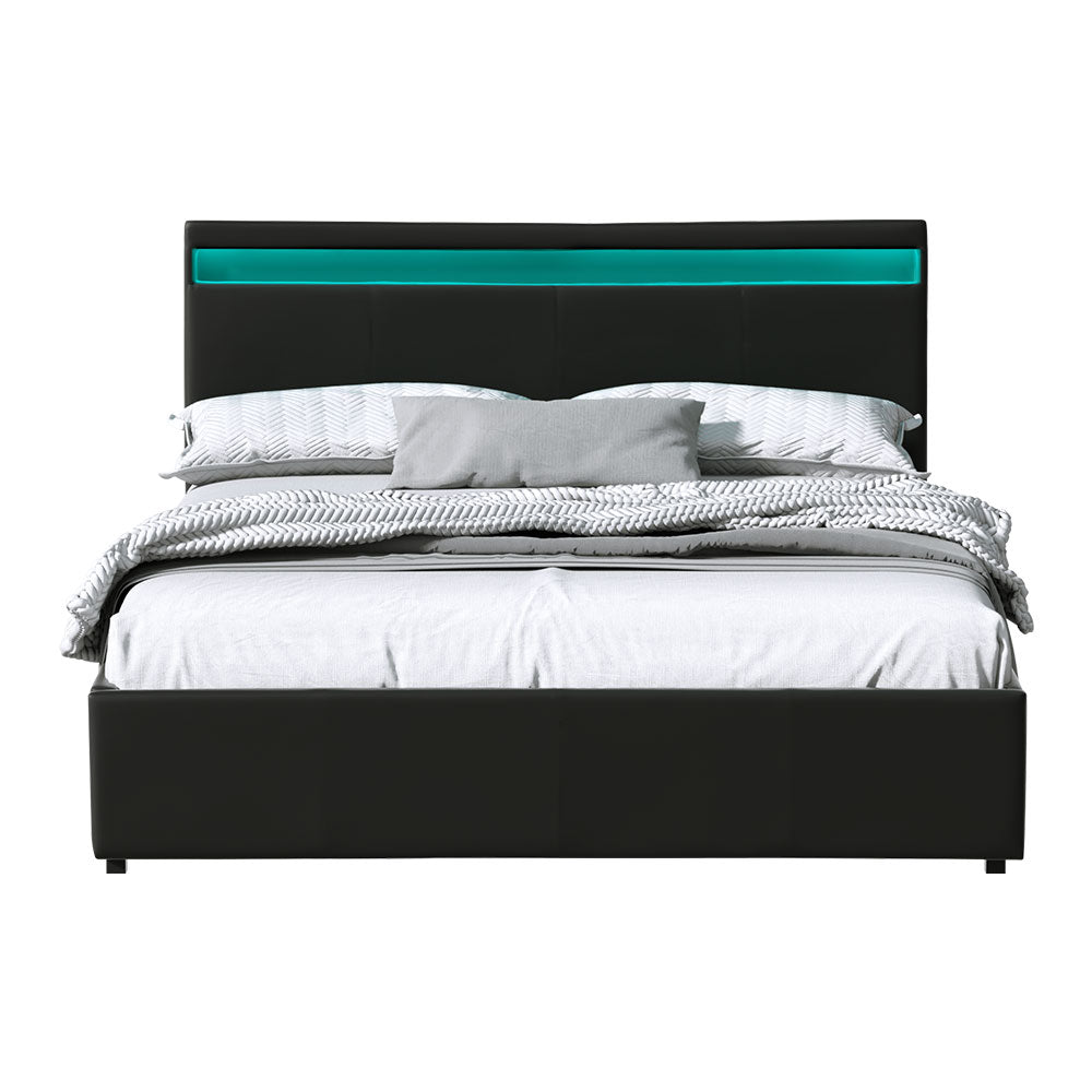 COLE Bed Frame Queen Size LED Gas Lift Black