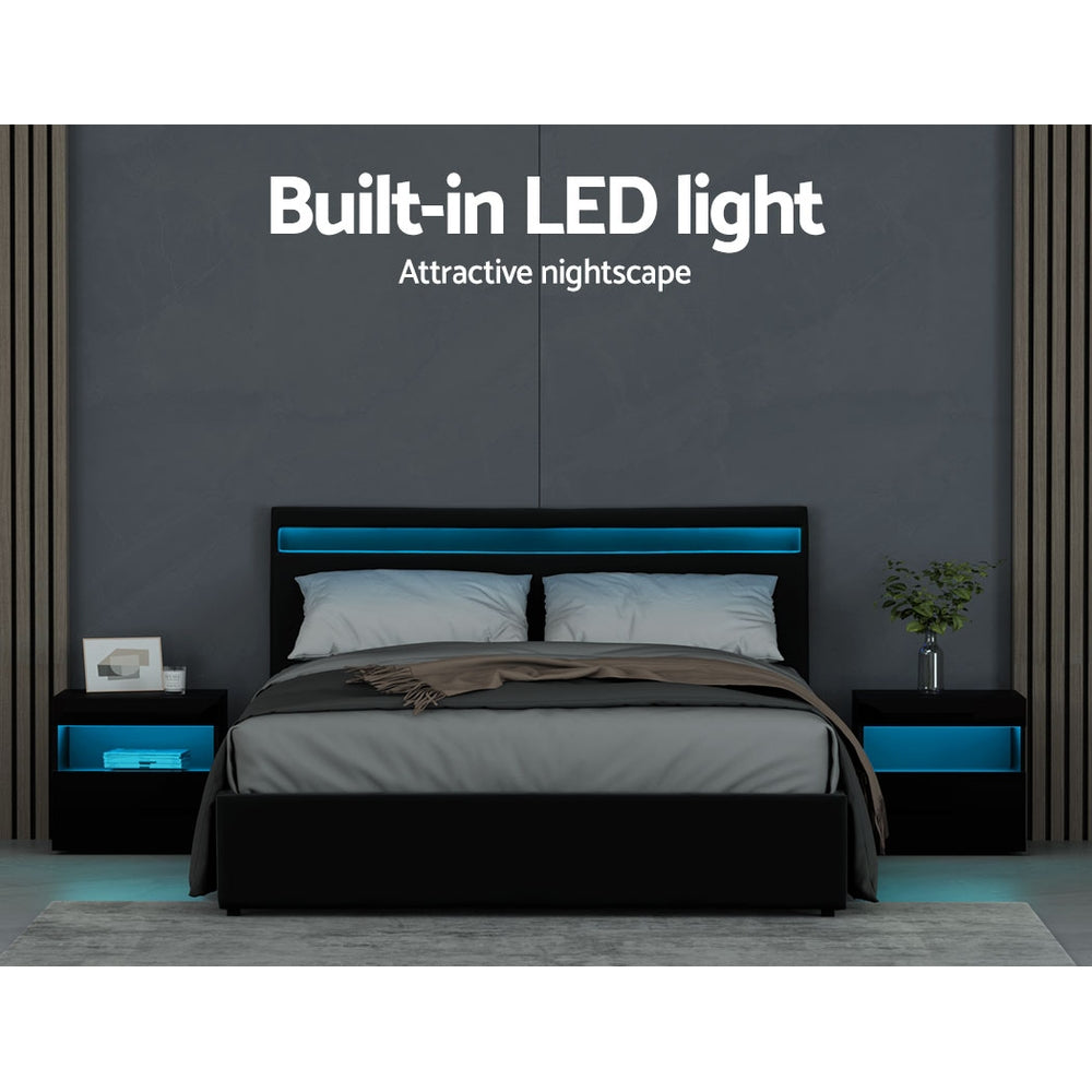 COLE Bed Frame Queen Size LED Gas Lift Black