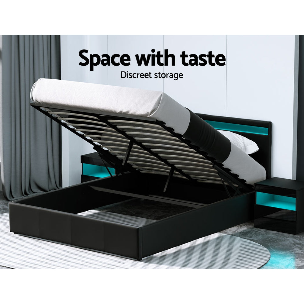 COLE Bed Frame Queen Size LED Gas Lift Black