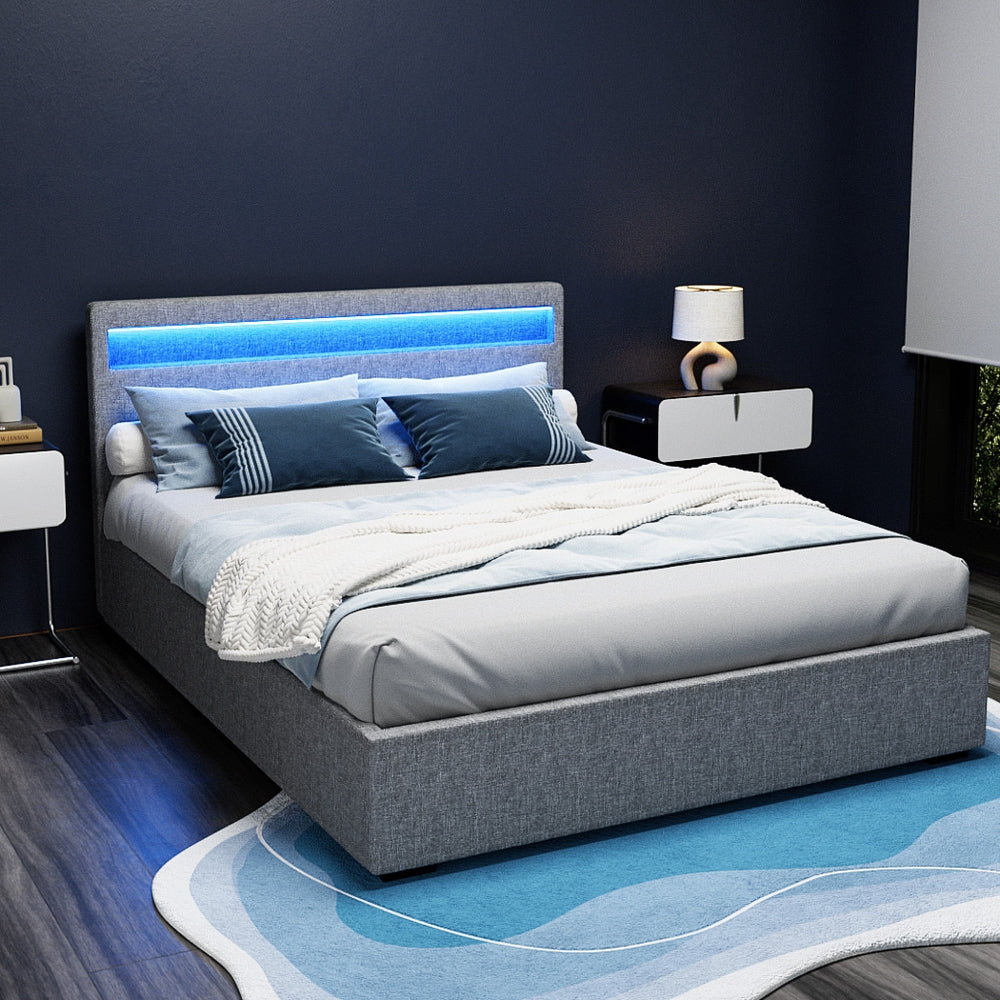 COLE Bed Frame Queen Size LED Gas Lift Grey