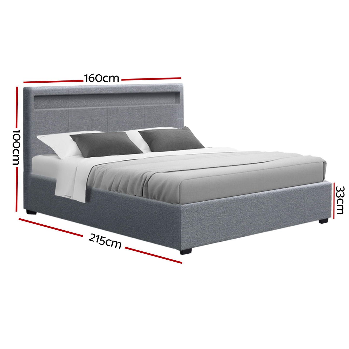 COLE Bed Frame Queen Size LED Gas Lift Grey