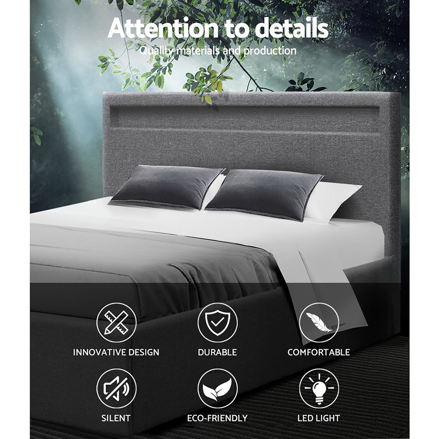 COLE Bed Frame Queen Size LED Gas Lift Grey