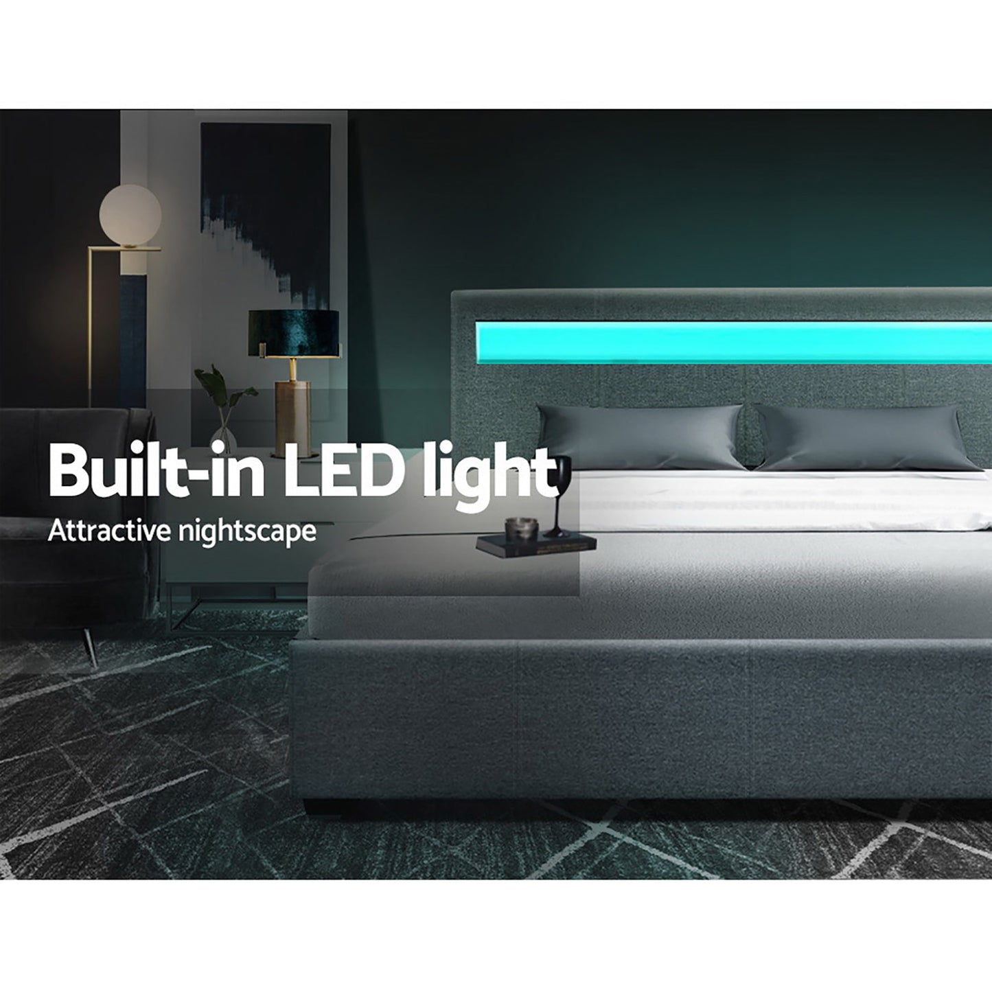 COLE Bed Frame Queen Size LED Gas Lift Grey