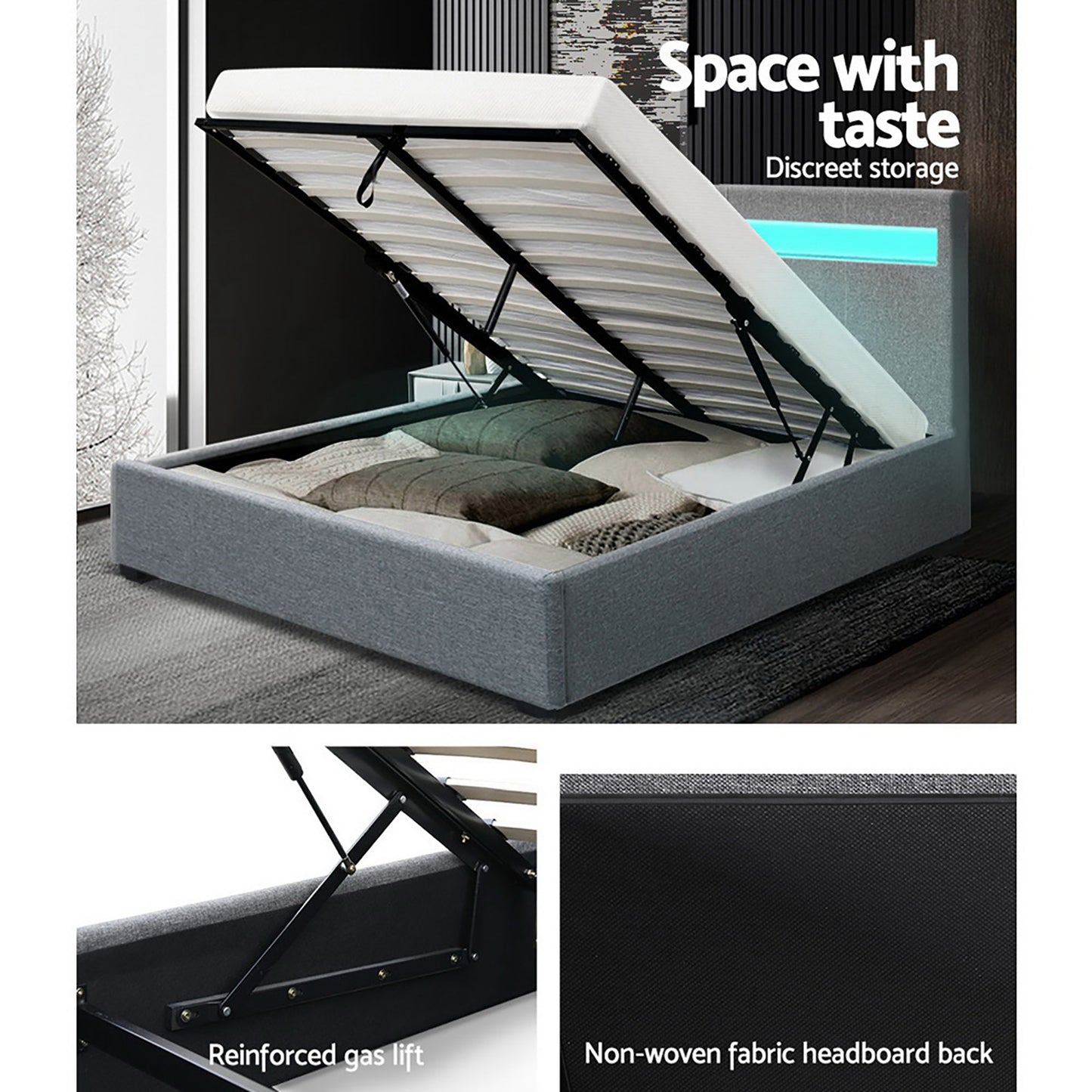 COLE Bed Frame Queen Size LED Gas Lift Grey