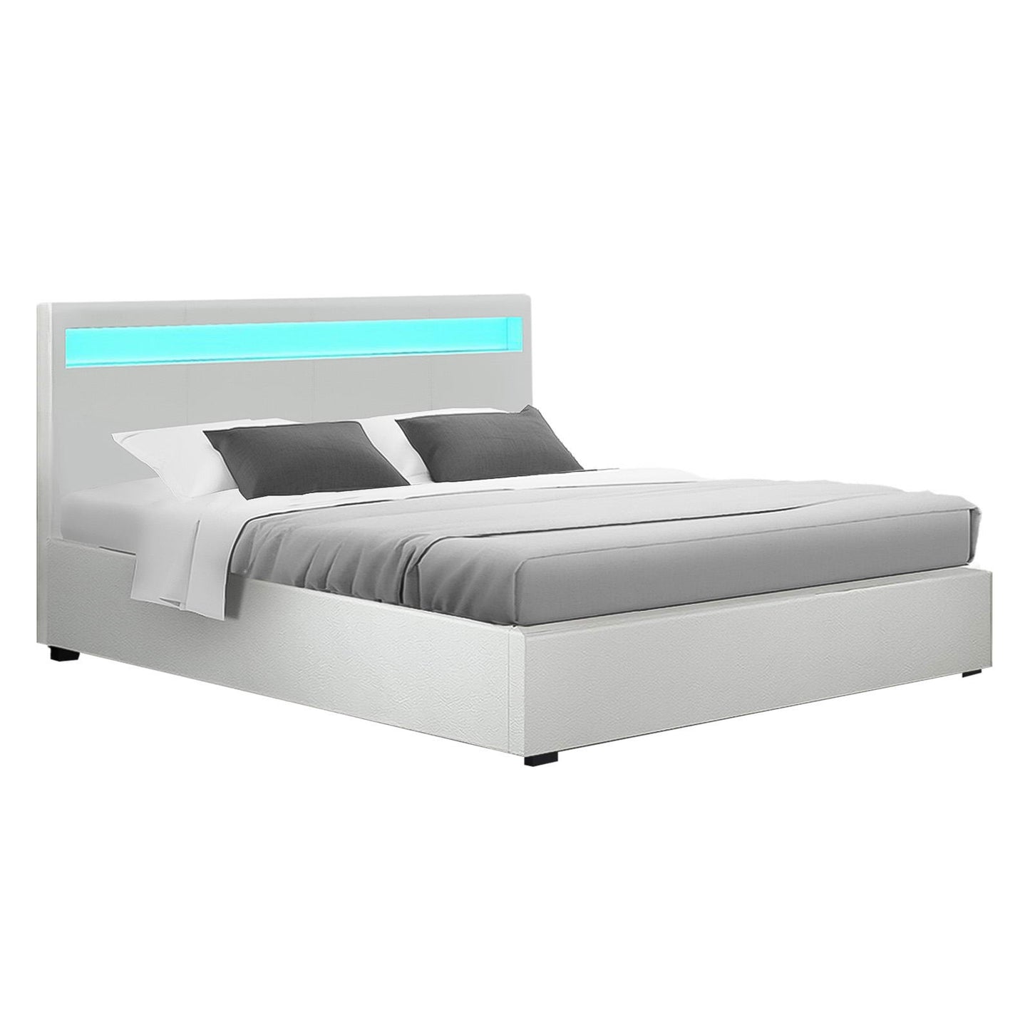 COLE Bed Frame Queen Size LED Gas Lift White