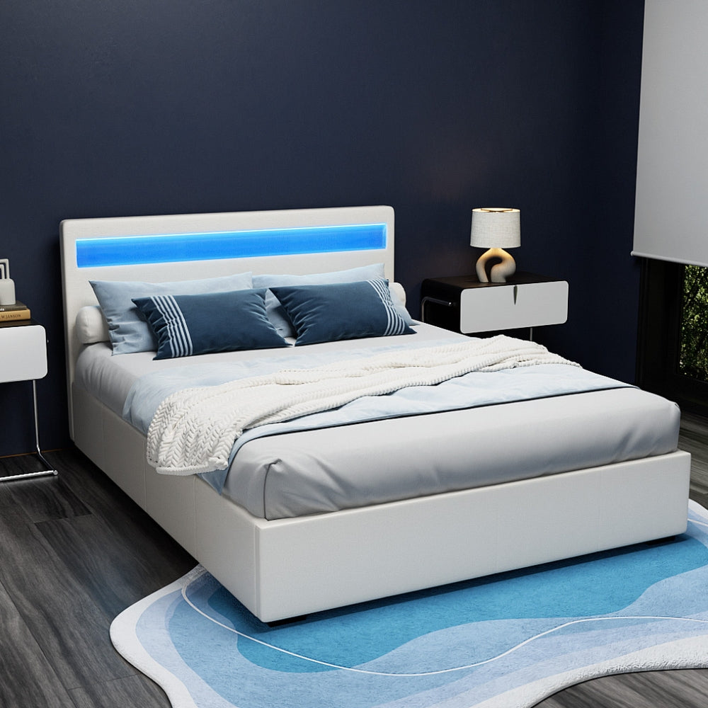 COLE Bed Frame Queen Size LED Gas Lift White