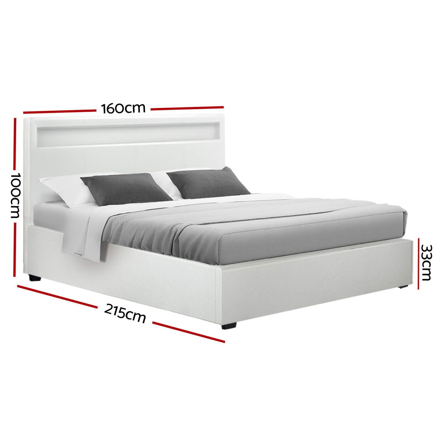 COLE Bed Frame Queen Size LED Gas Lift White