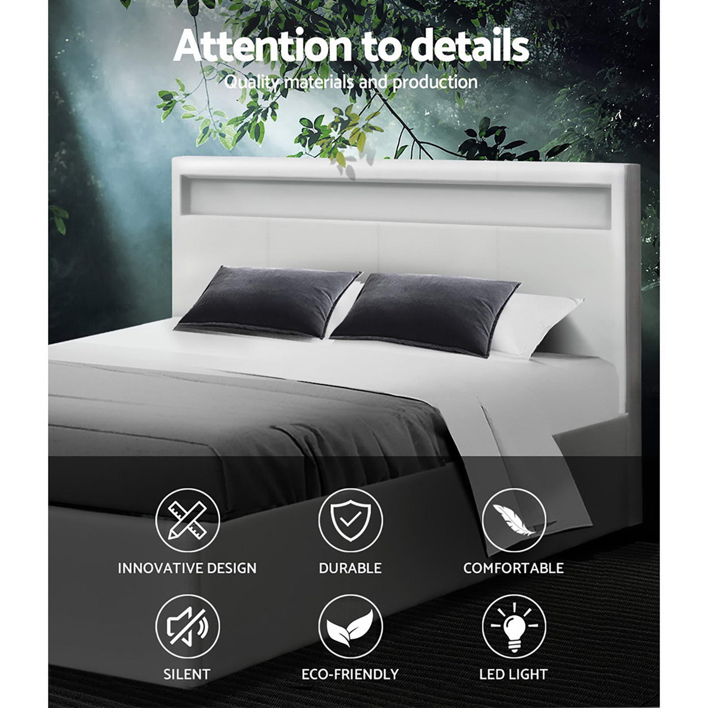 COLE Bed Frame Queen Size LED Gas Lift White