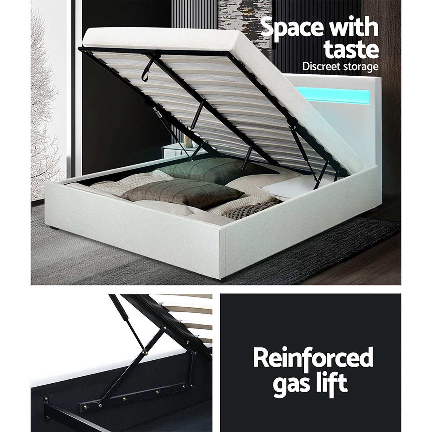 COLE Bed Frame Queen Size LED Gas Lift White