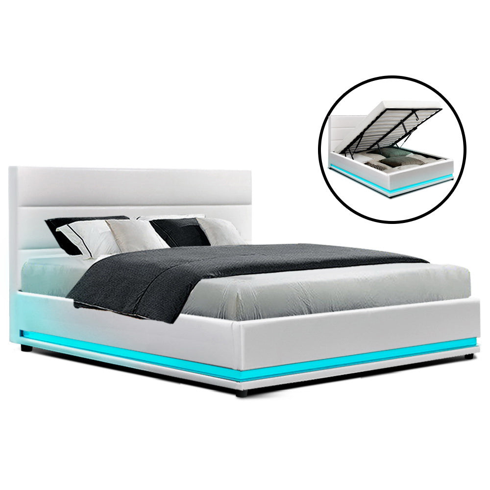 LUMI Bed Frame Double Size LED Gas Lift White