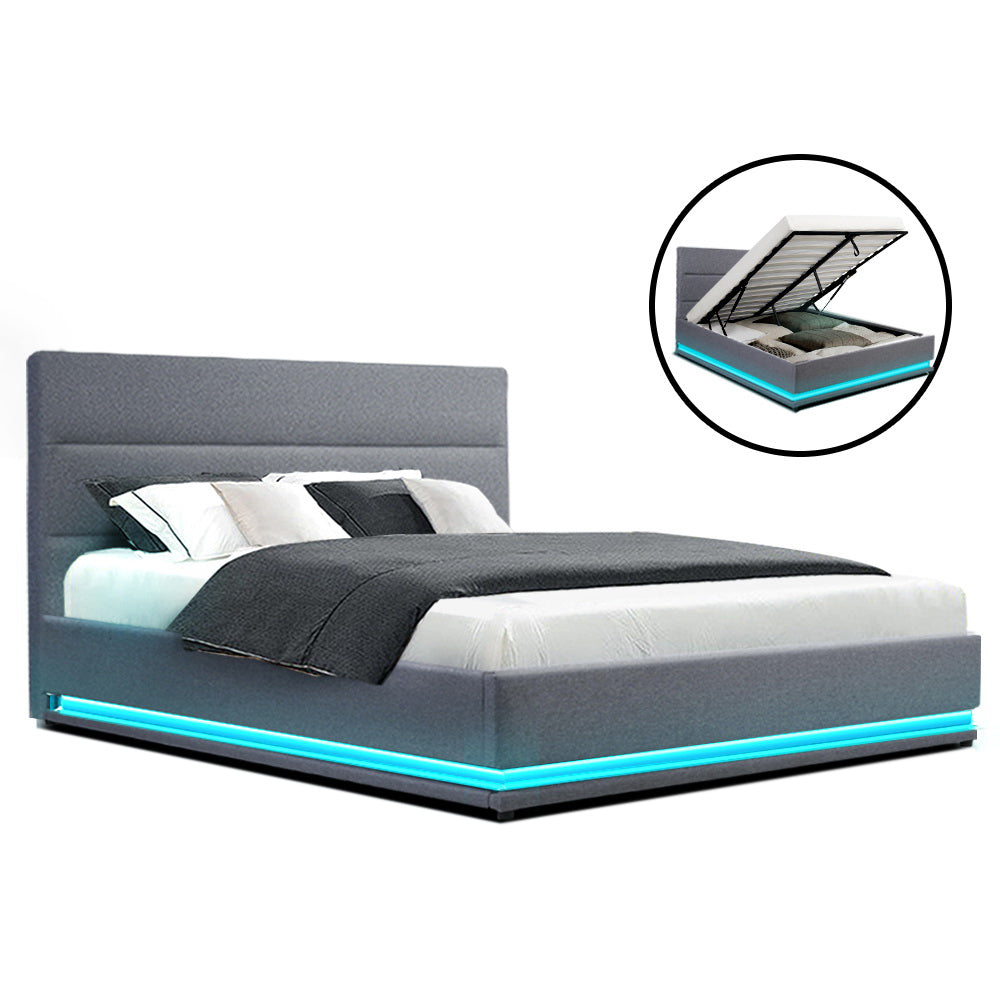 LUMI Bed Frame Queen Size LED Gas Lift Grey