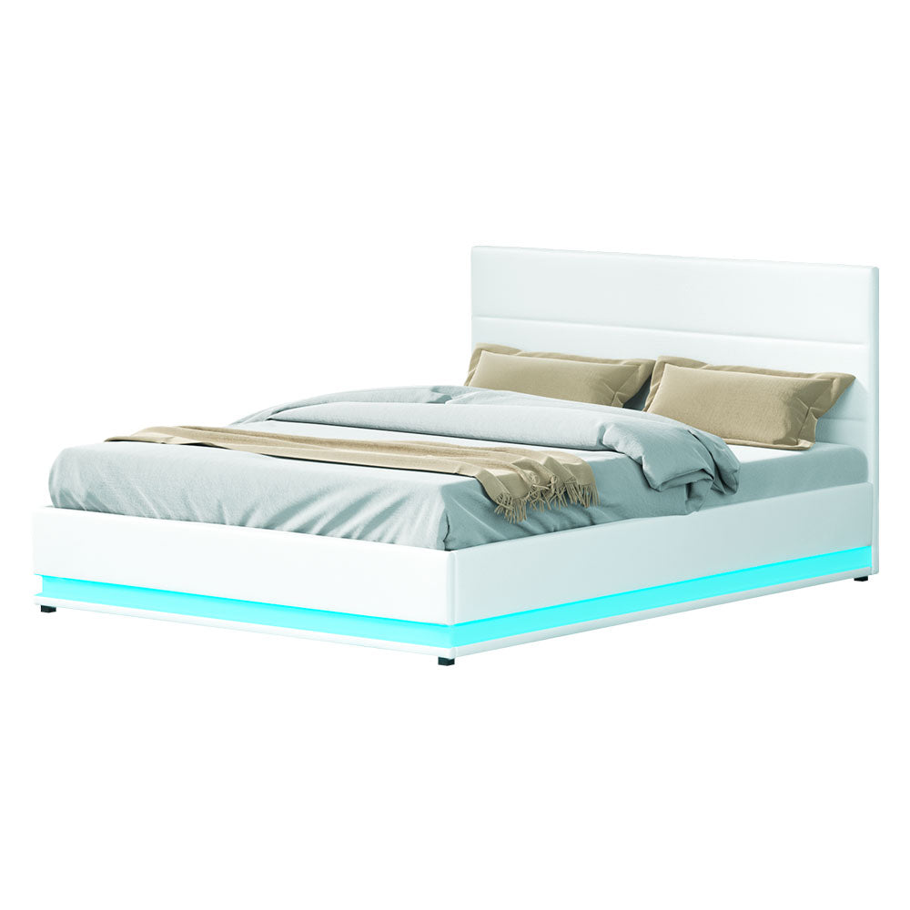 LUMI Bed Frame Queen Size LED Gas Lift White