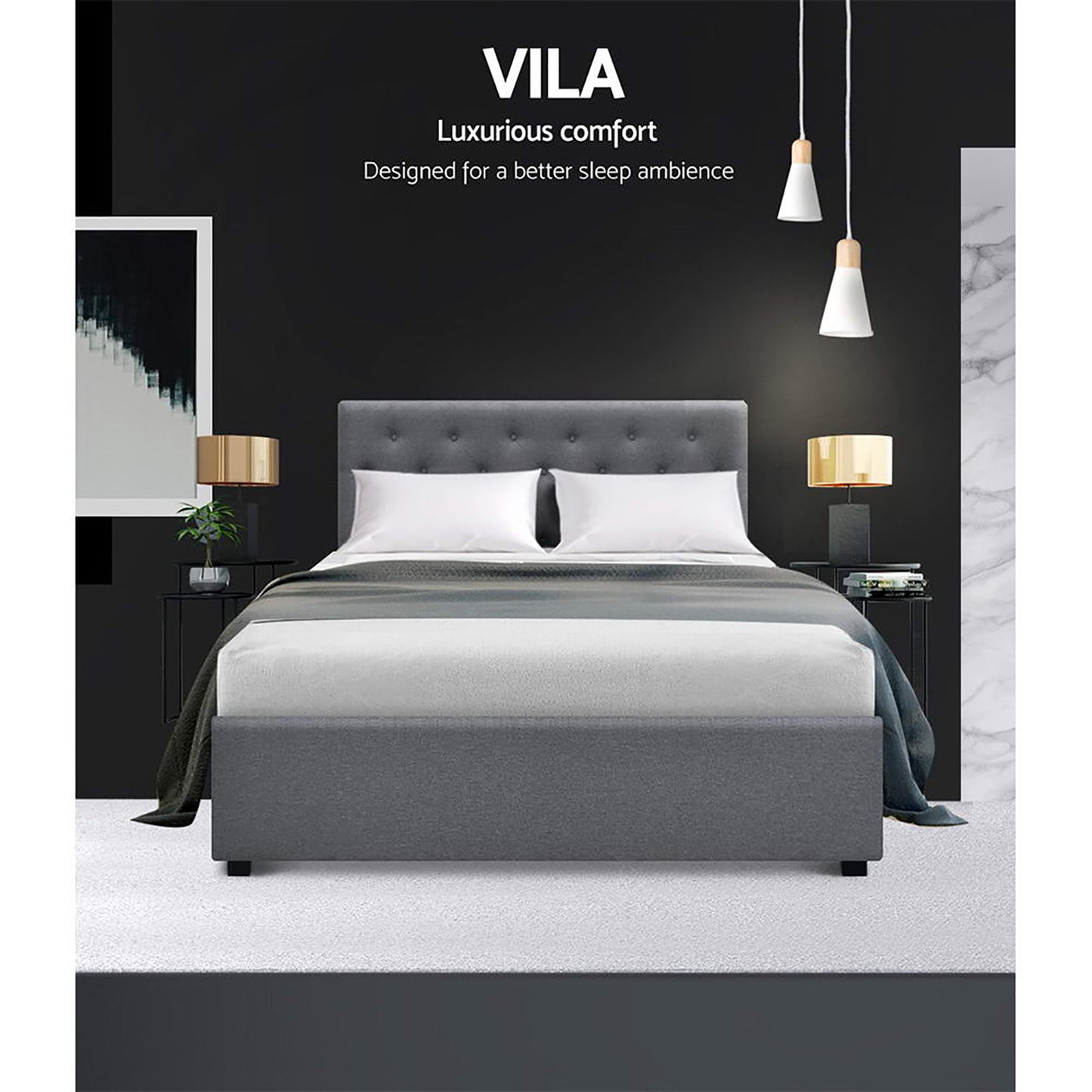 VILA Bed Frame Double Size Gas Lift Grey