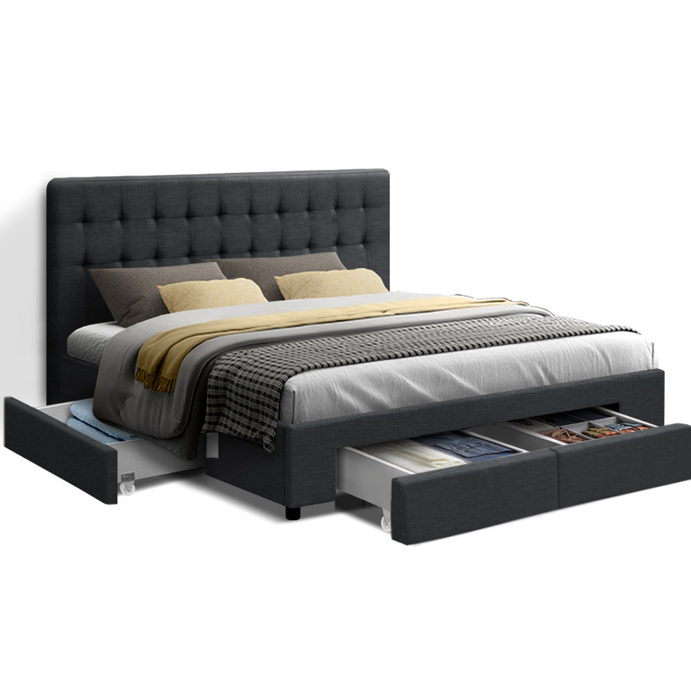 AVIO Bed Frame Queen Size with 4 Drawers Charcoal