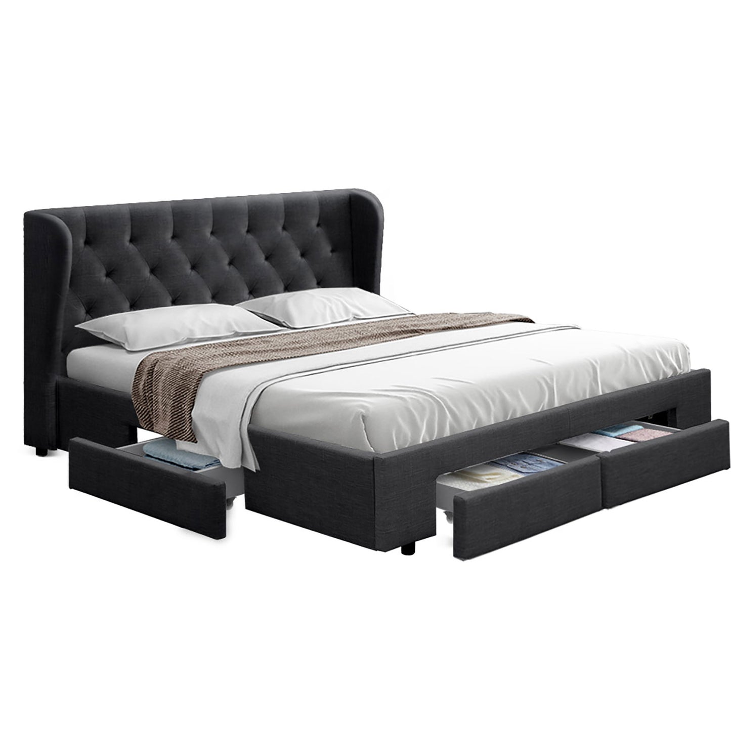 MILA Bed Frame King Size with 4 Drawers Charcoal