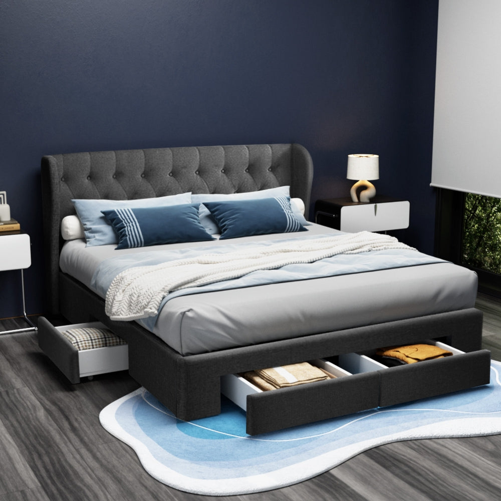 MILA Bed Frame King Size with 4 Drawers Charcoal
