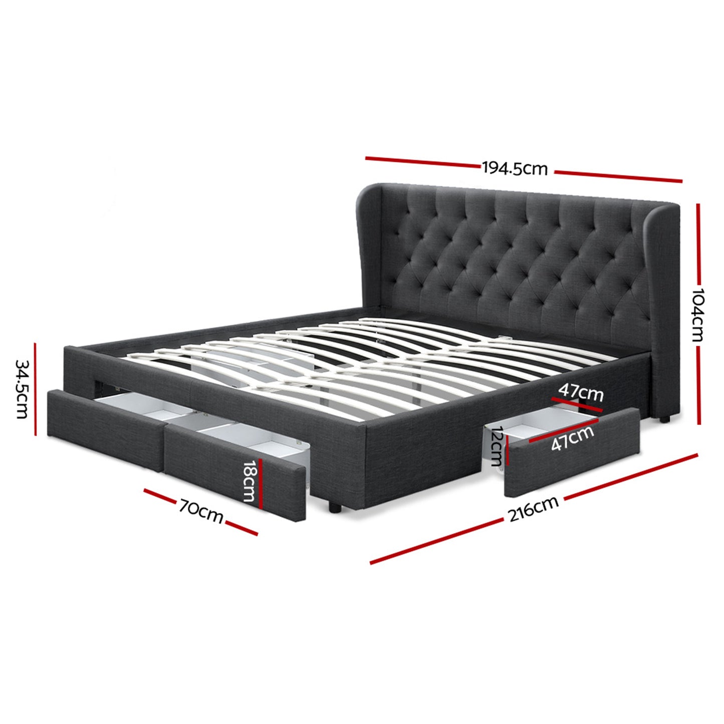 MILA Bed Frame King Size with 4 Drawers Charcoal