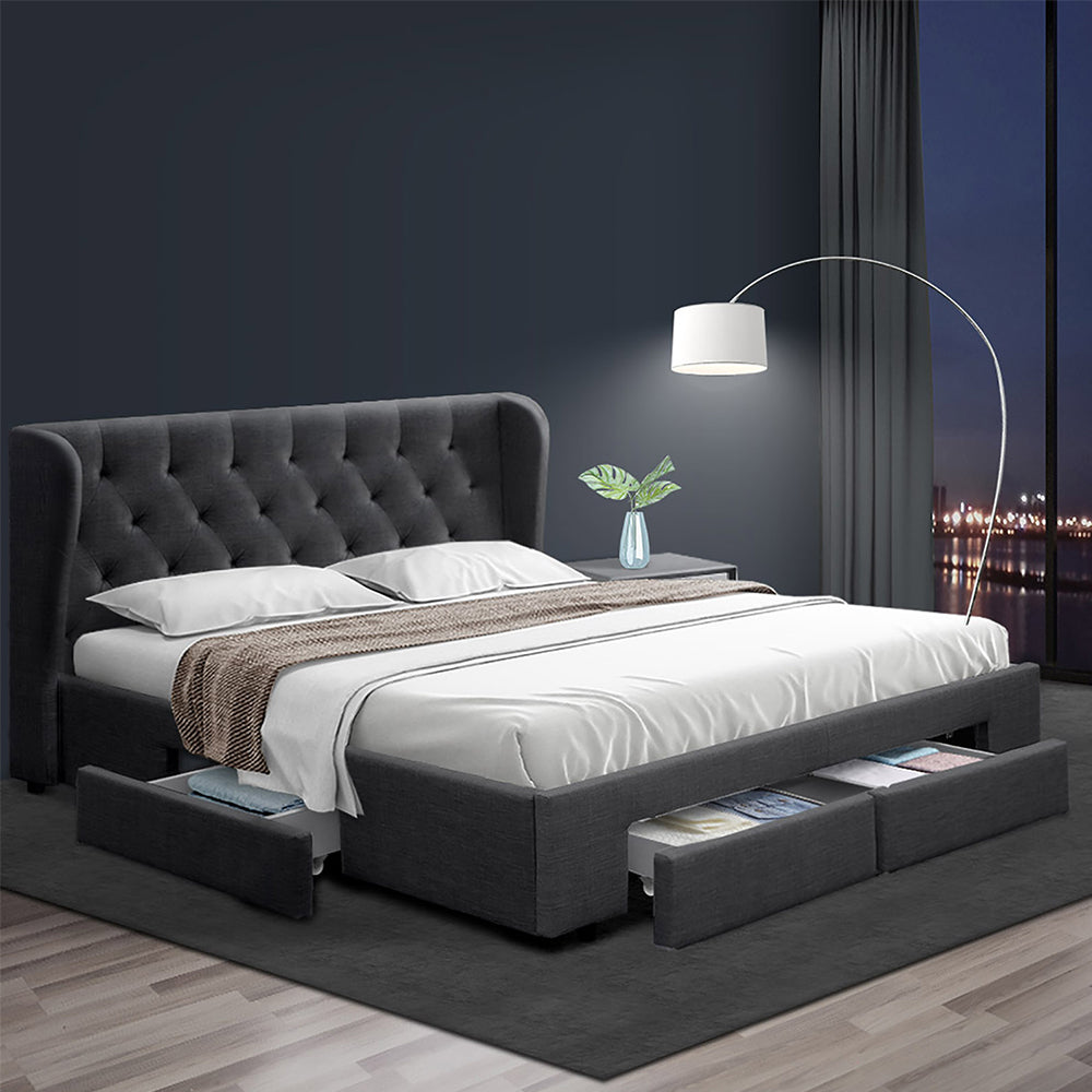 MILA Bed Frame King Size with 4 Drawers Charcoal
