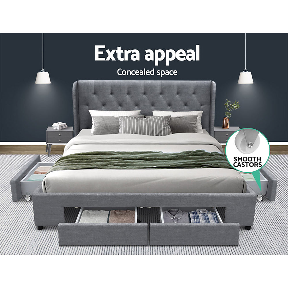 MILA Bed Frame Queen Size with 4 Drawers Grey