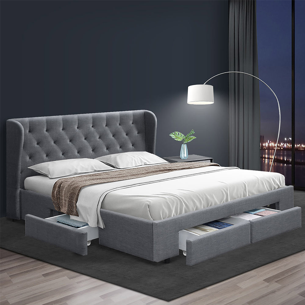 MILA Bed Frame Queen Size with 4 Drawers Grey