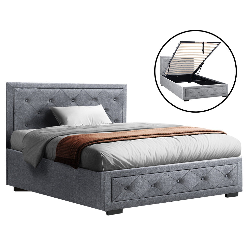 Grey Bed Frame King Single Size Gas Lift Storage Mattress Base Wooden