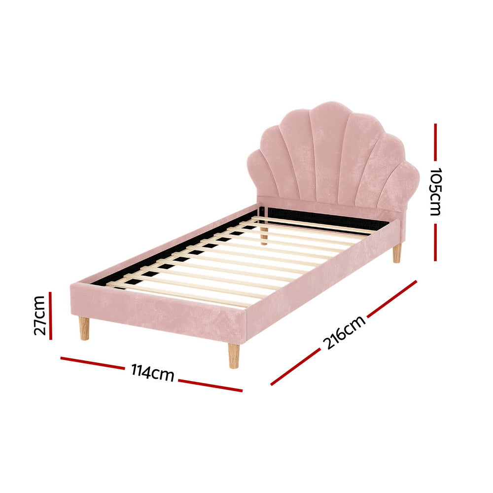 Bed Frame King Single Size Scallop-Shape Bedhead Beds Base Pink Velvet Fabric