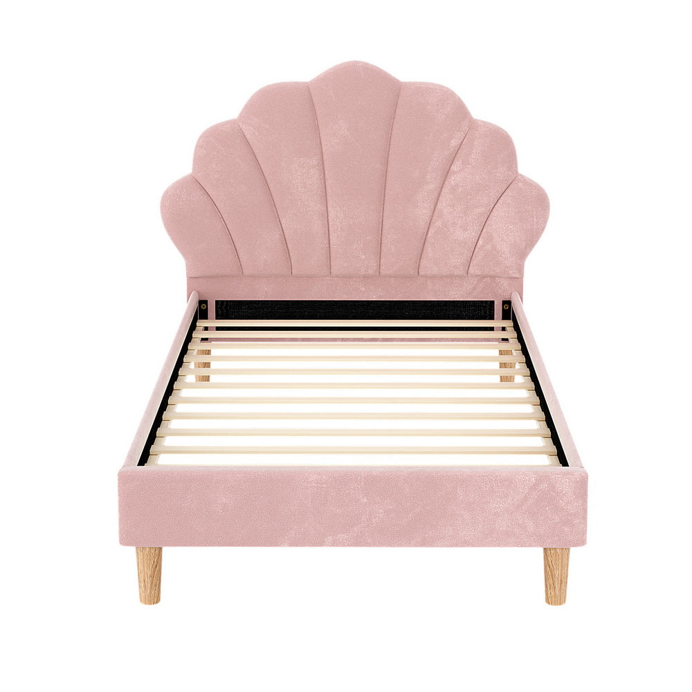 Bed Frame King Single Size Scallop-Shape Bedhead Beds Base Pink Velvet Fabric