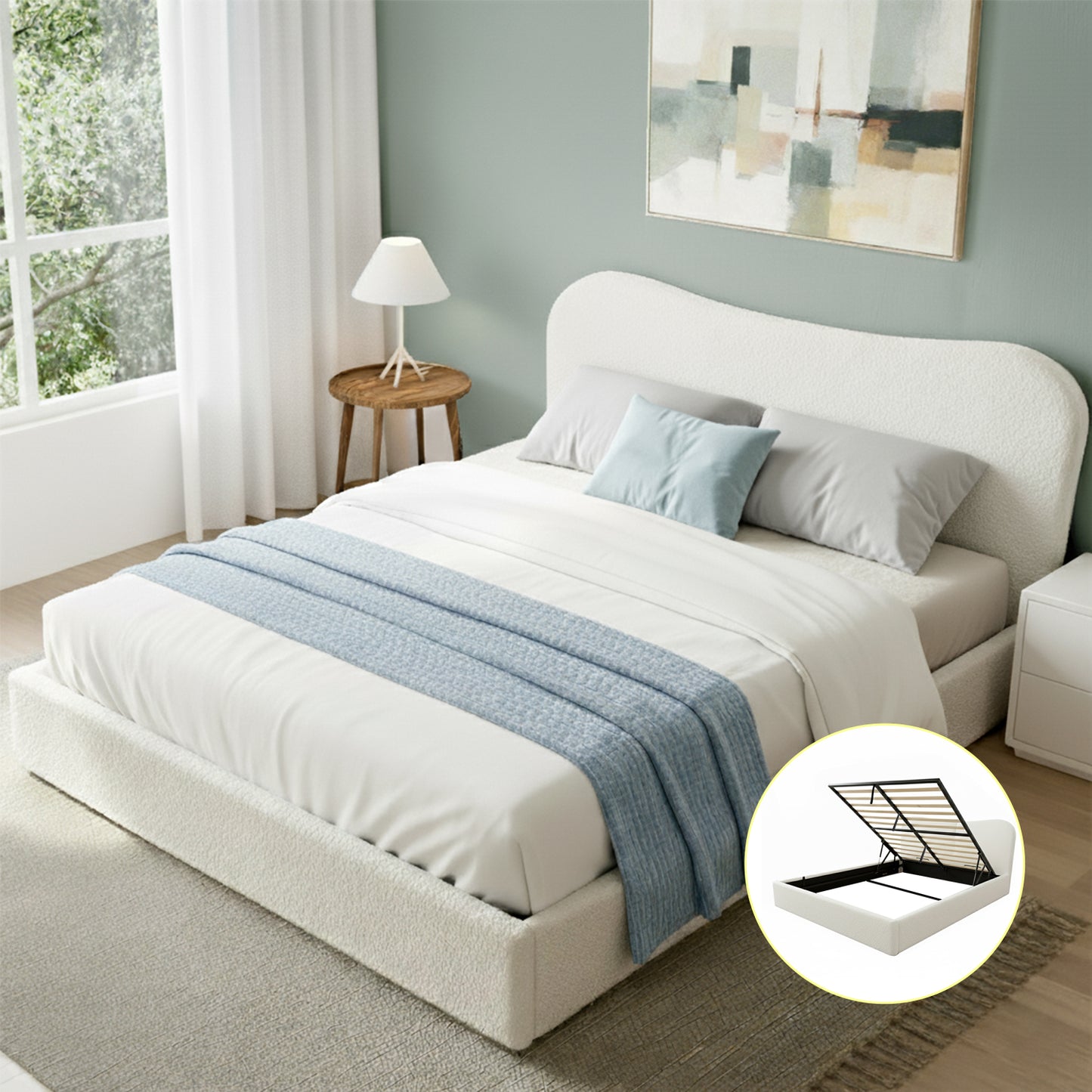 Artiss Double Bed Frame with Gaslift Storage Wooden Platform Mattress Base Boucle Upholstered White