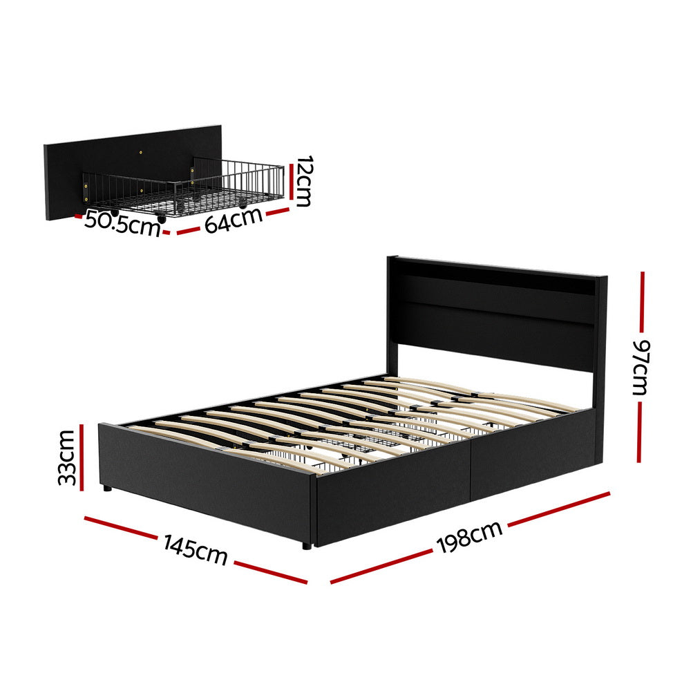 DUNN Bed Frame Double Size LED with 4 Drawers Black