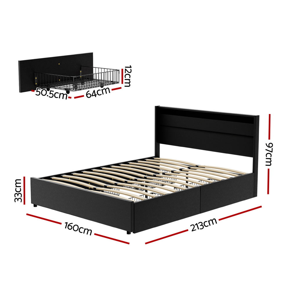 DUNN Bed Frame Queen Size LED with 4 Drawers Black
