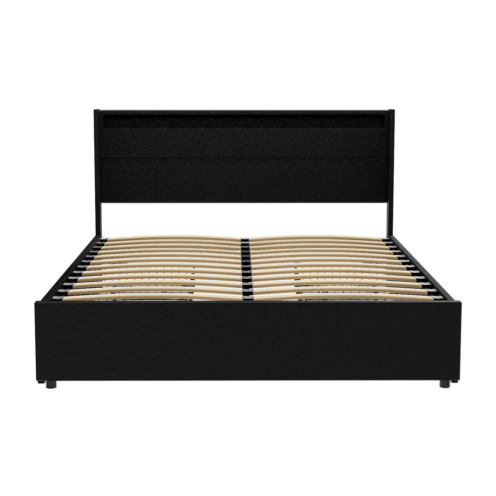 DUNN Bed Frame Queen Size LED with 4 Drawers Black