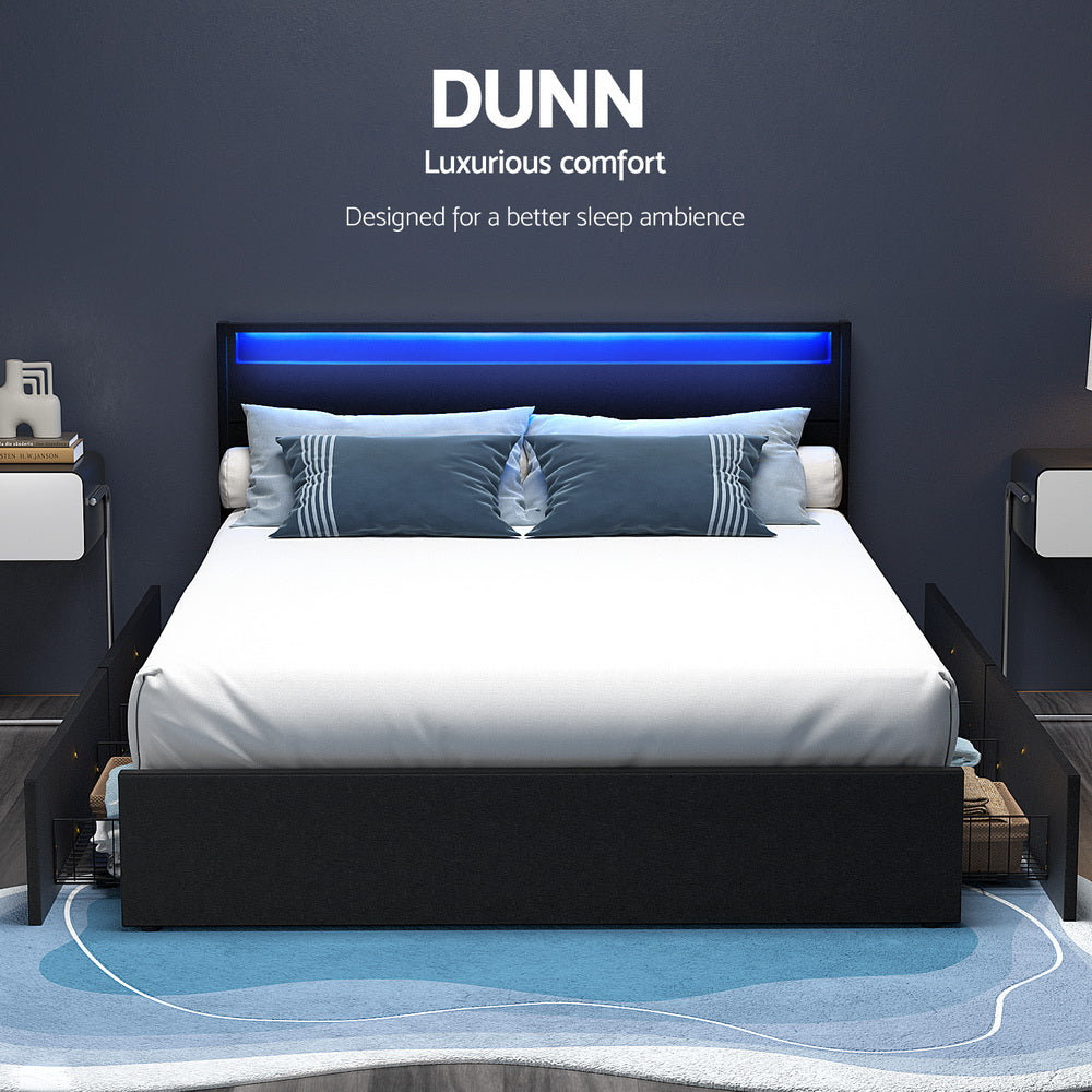 DUNN Bed Frame Queen Size LED with 4 Drawers Black