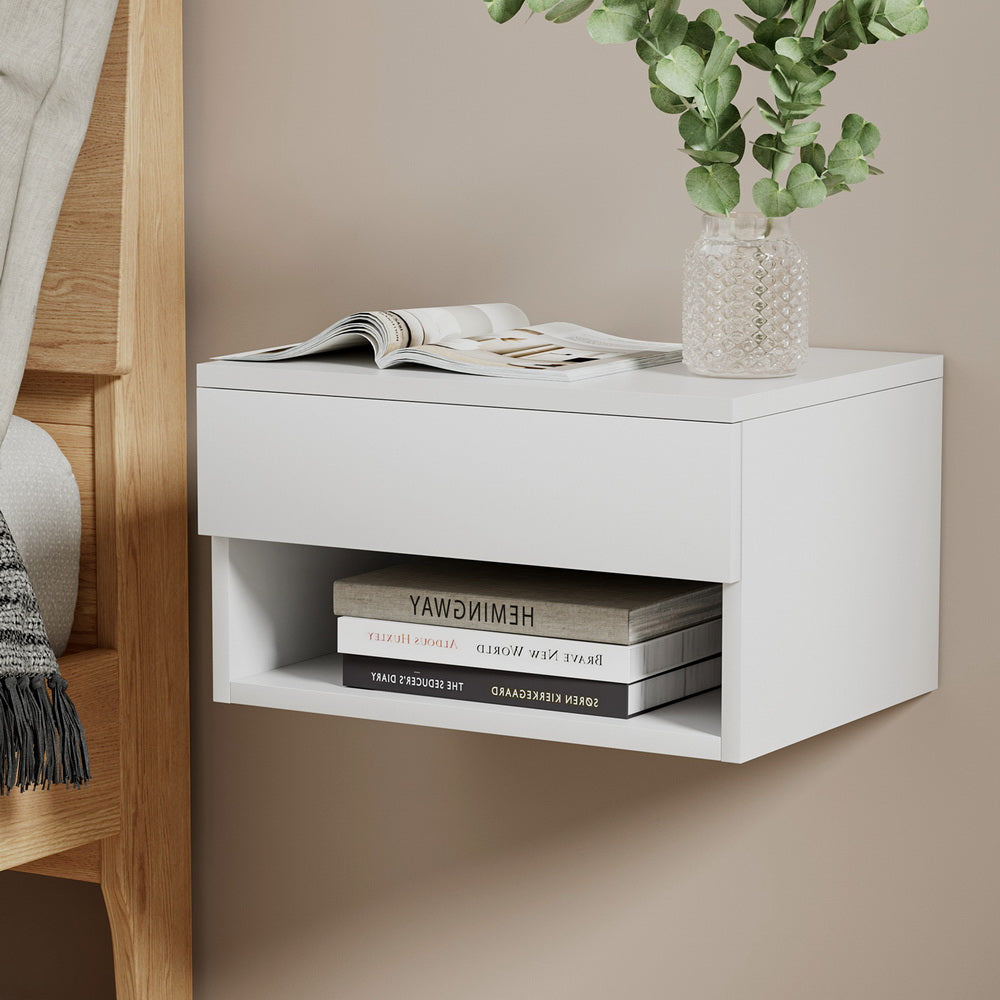 White Floating Bedside Table Nightstand Drawer
