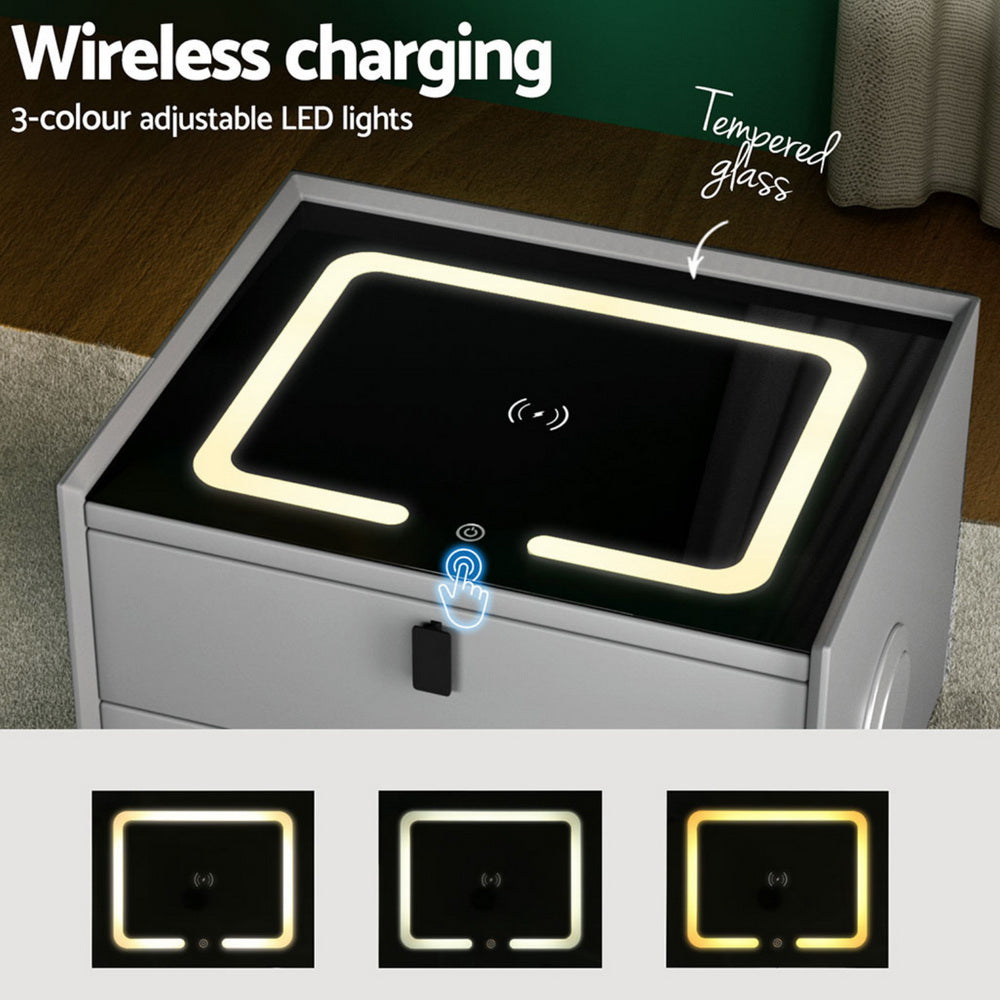 AIKA Grey Smart Bedside Table with Wireless Charging