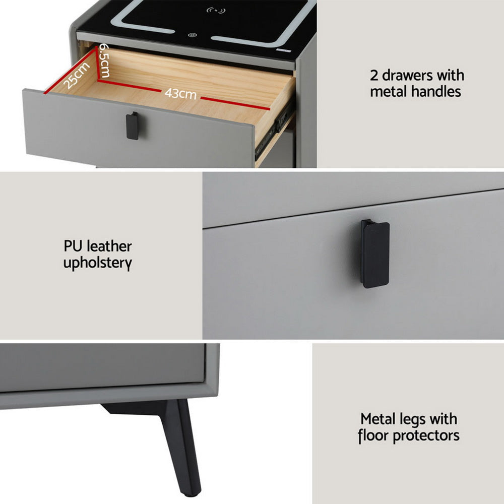 AIKA Grey Smart Bedside Table with Wireless Charging