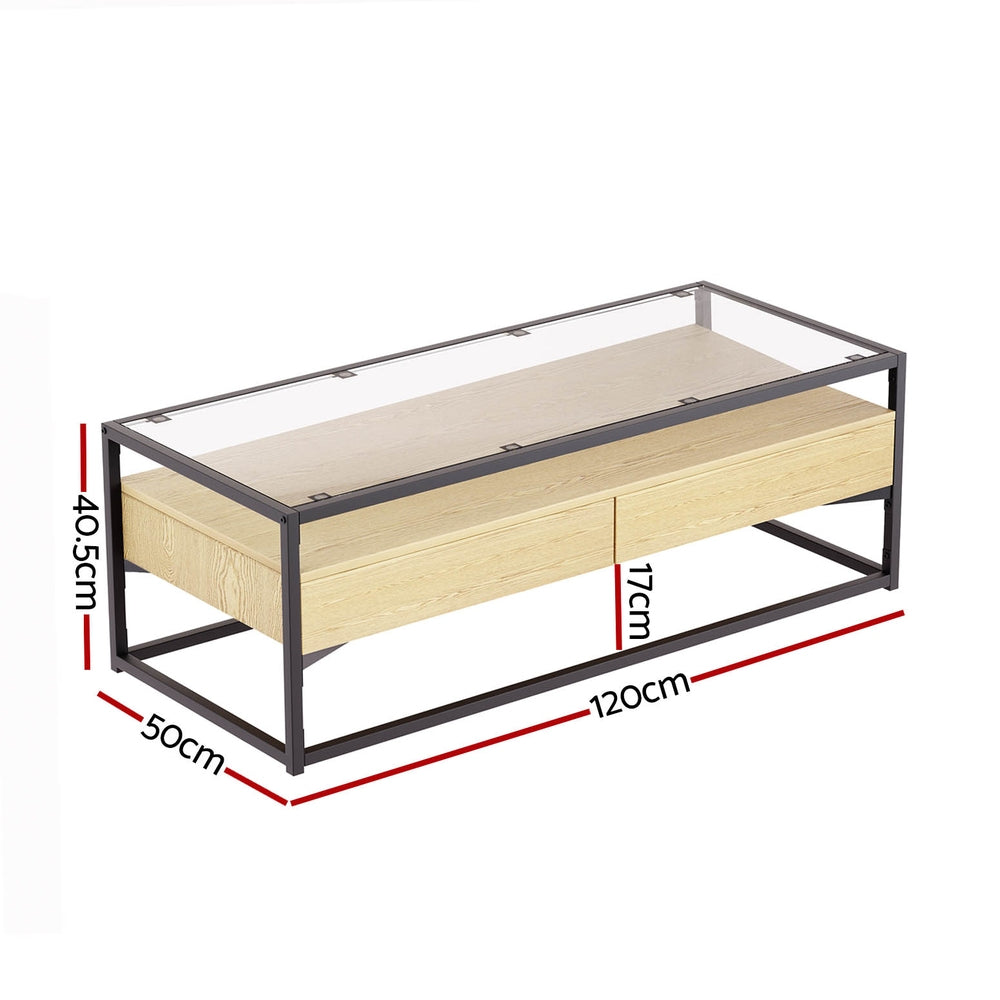 Pine Coffee Table 2 Drawers Glass Tabletop