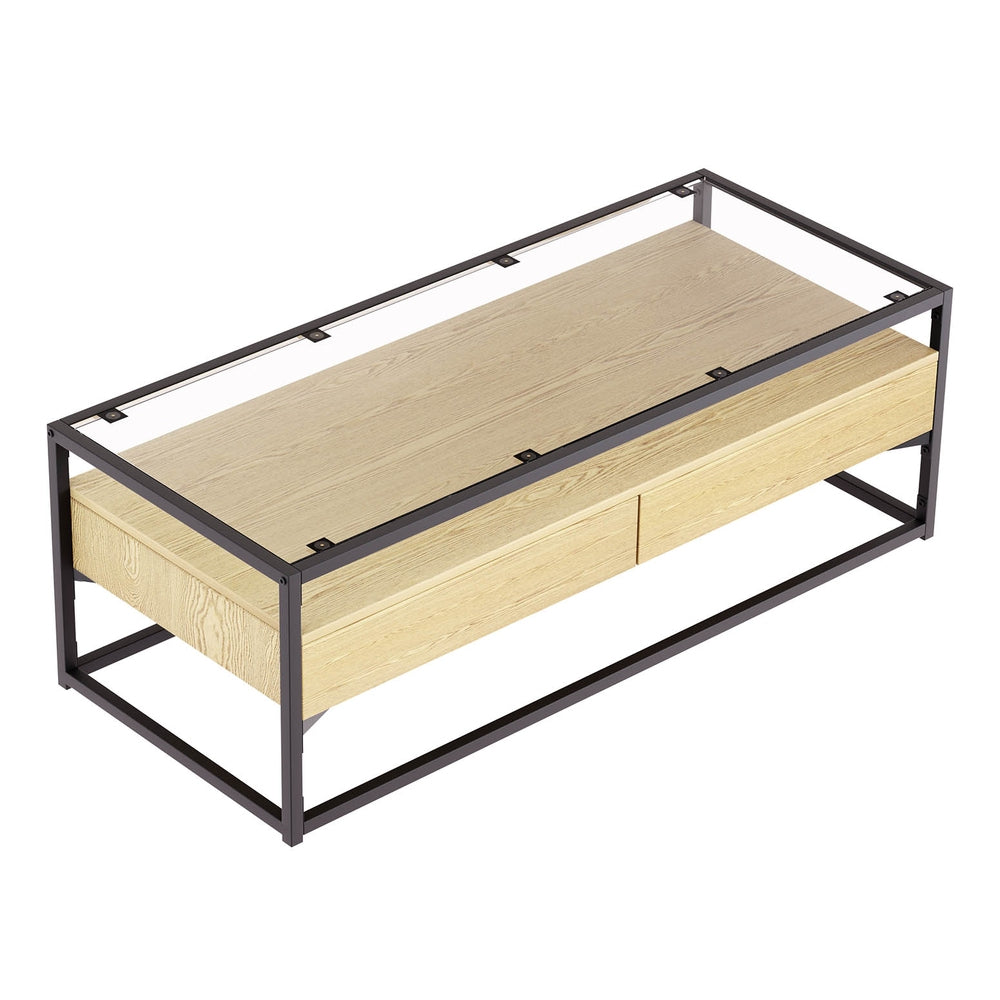 Pine Coffee Table 2 Drawers Glass Tabletop