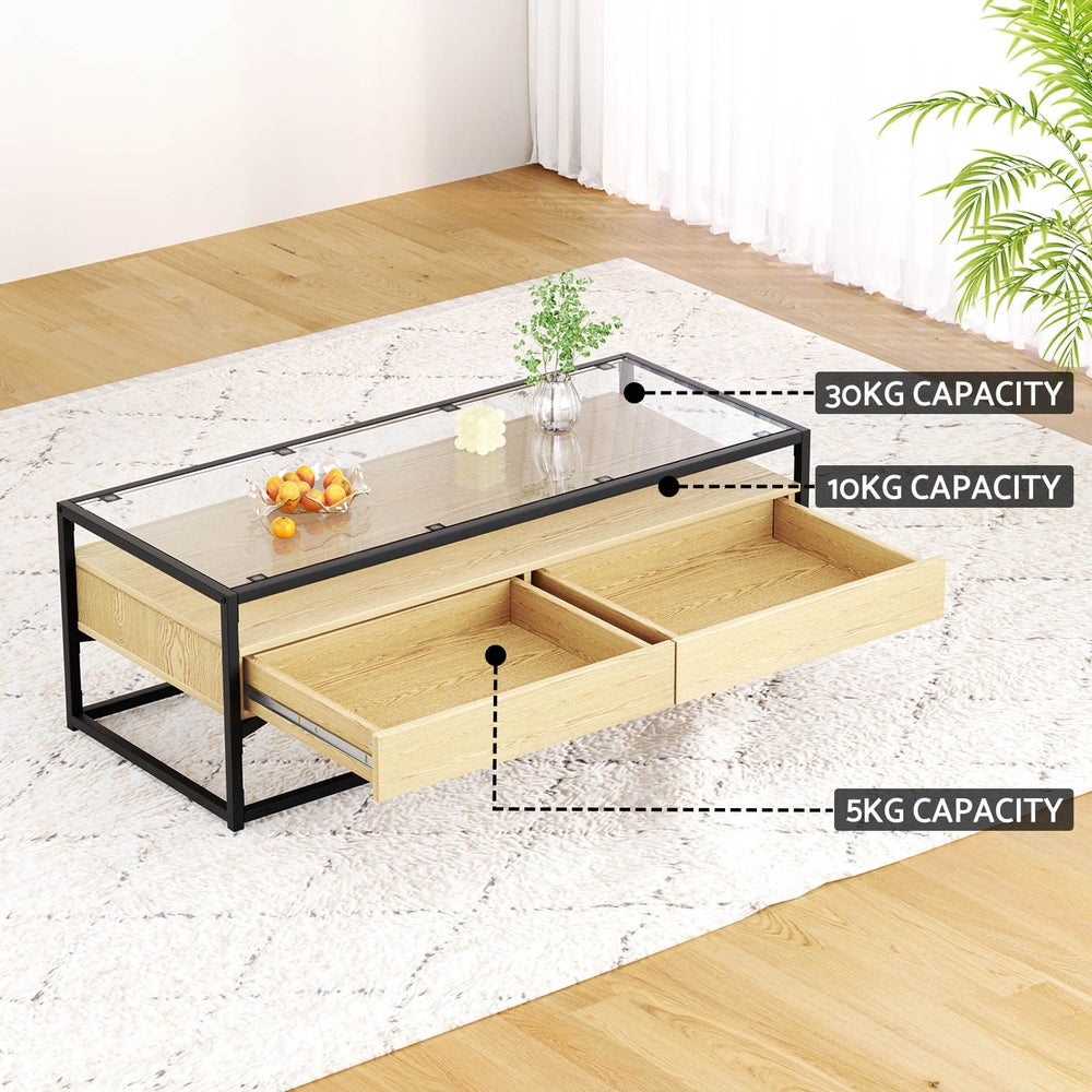 Pine Coffee Table 2 Drawers Glass Tabletop