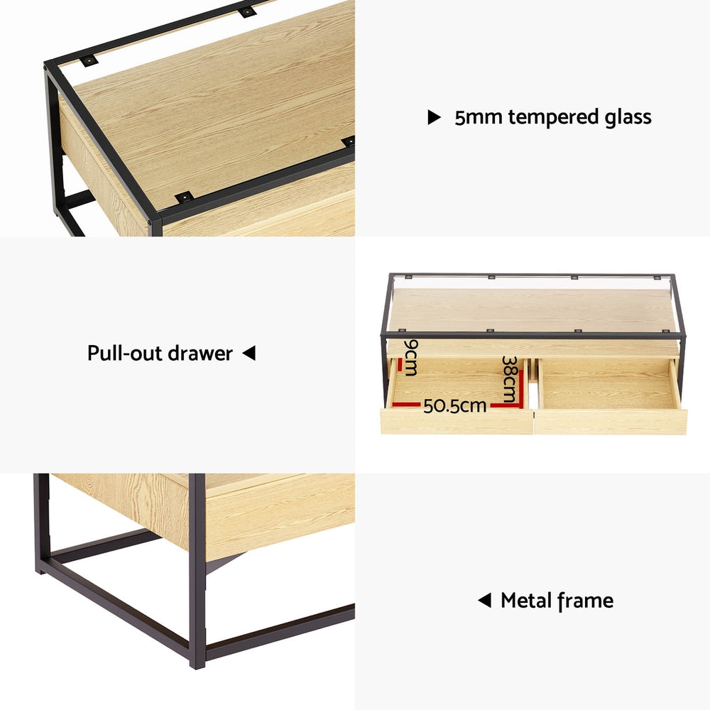 Pine Coffee Table 2 Drawers Glass Tabletop
